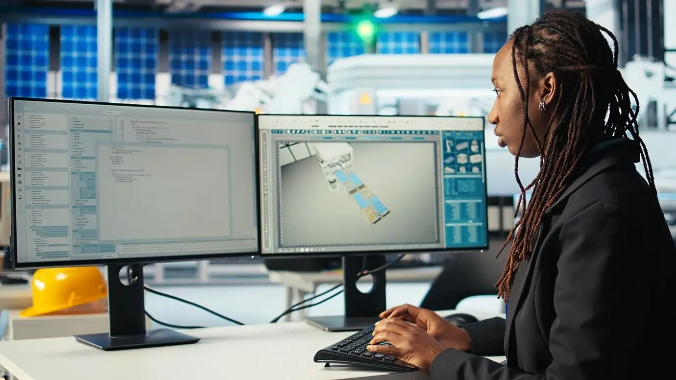 Mujer programando en un escritorio de computadora, mirando la pantalla y actualizando la maquinaria de una planta solar.