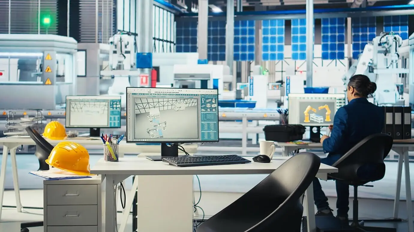 Gerente de fábrica de fotovoltaicos trabajando con el equipo de ingeniería solar en una lluvia de ideas para mejorar.