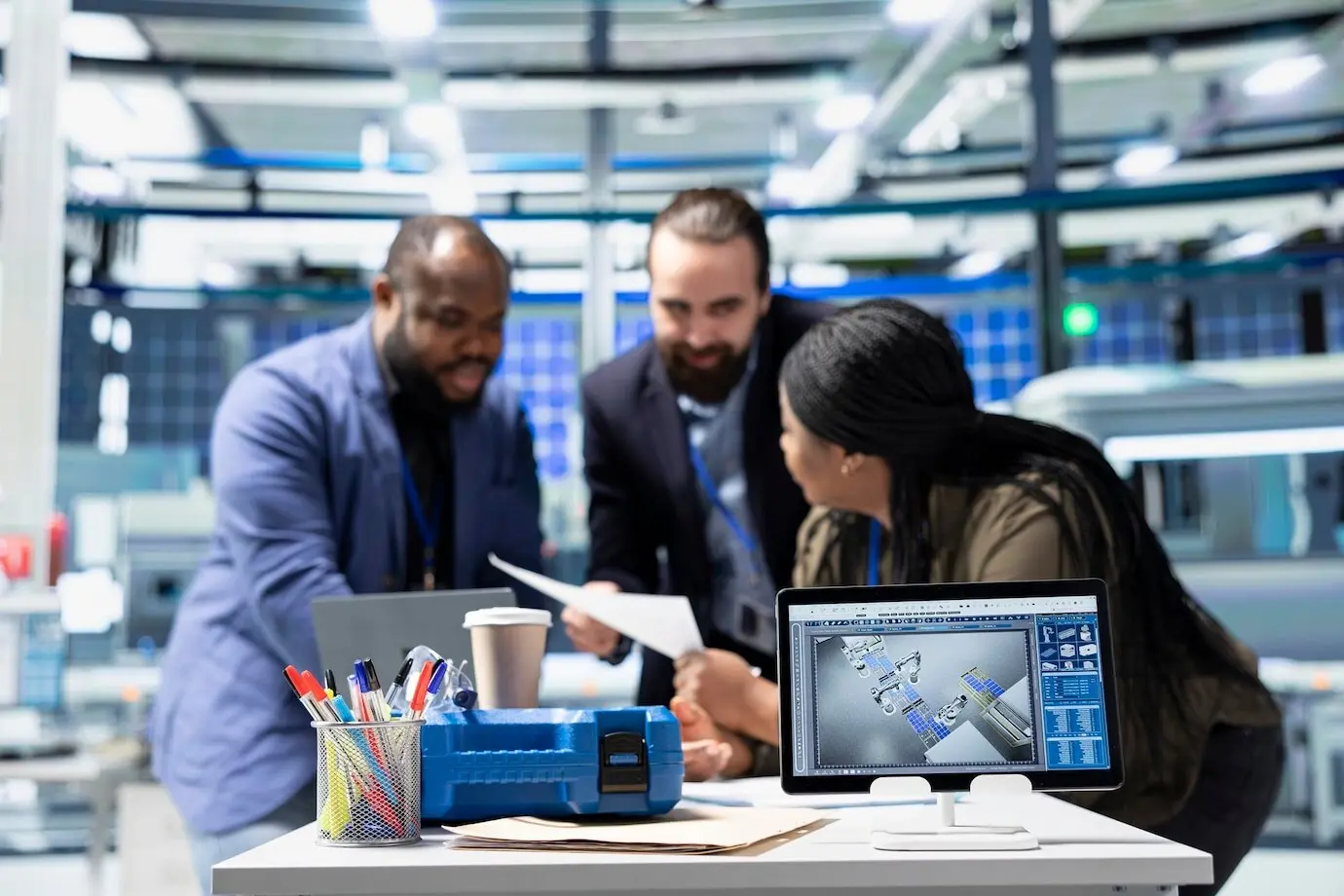 Un grupo diverso de supervisores de fábrica participa en una sesión informativa sobre métricas de producción.