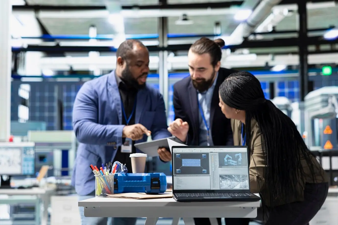 Ingenieros especialistas de diversas etnias trabajando en equipo en una línea de producción moderna.
