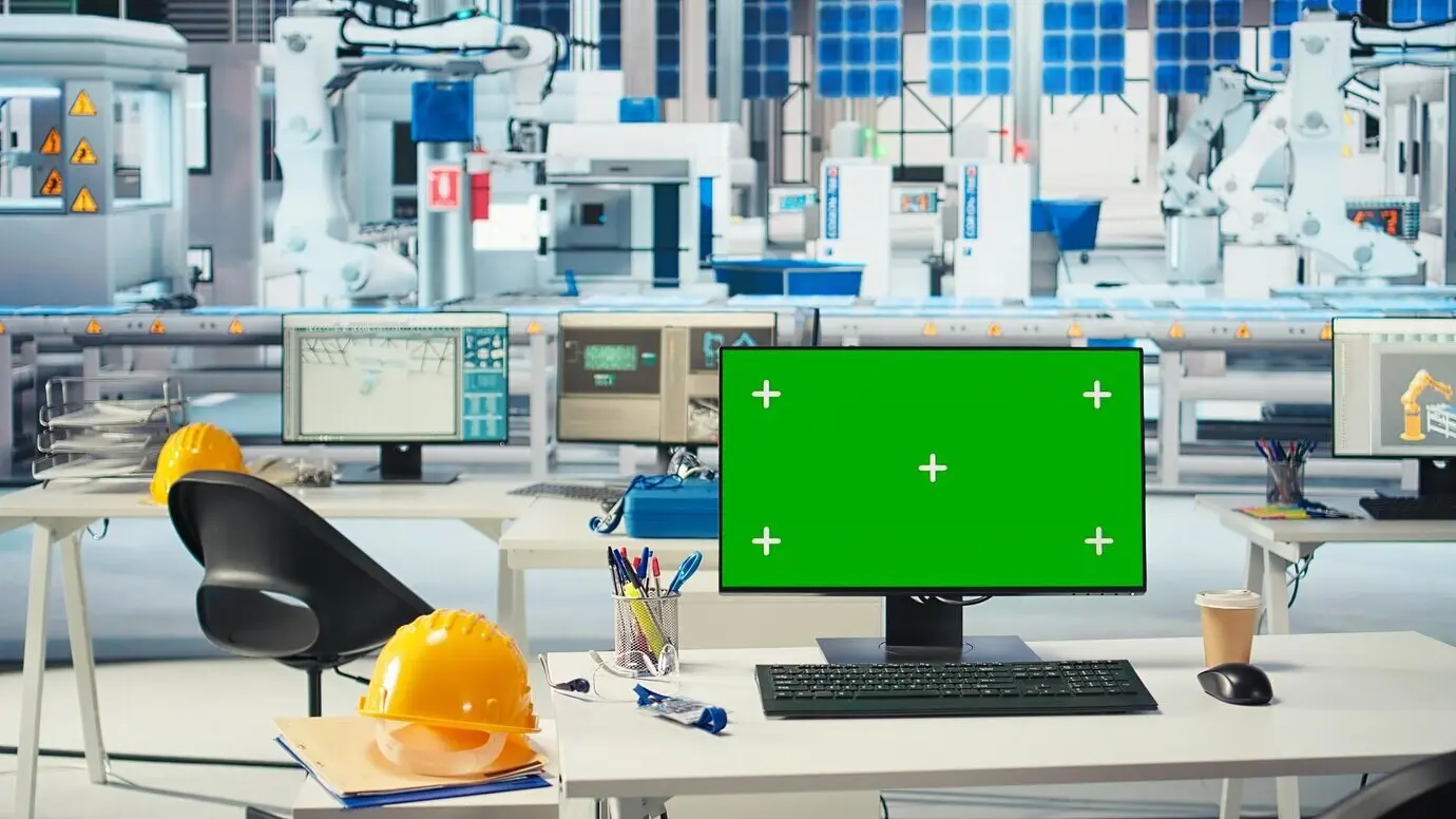 Maqueta de pantalla de PC en una fábrica fotovoltaica, utilizada para supervisar el rendimiento del sistema.